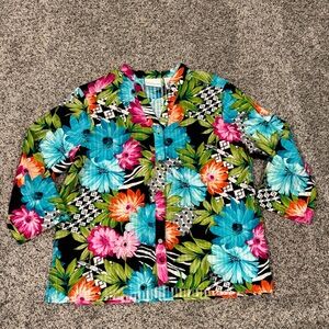 Alfred Dunner Multicolor Floral Print Blouse - Teal, Pink, Orange, Green, Black